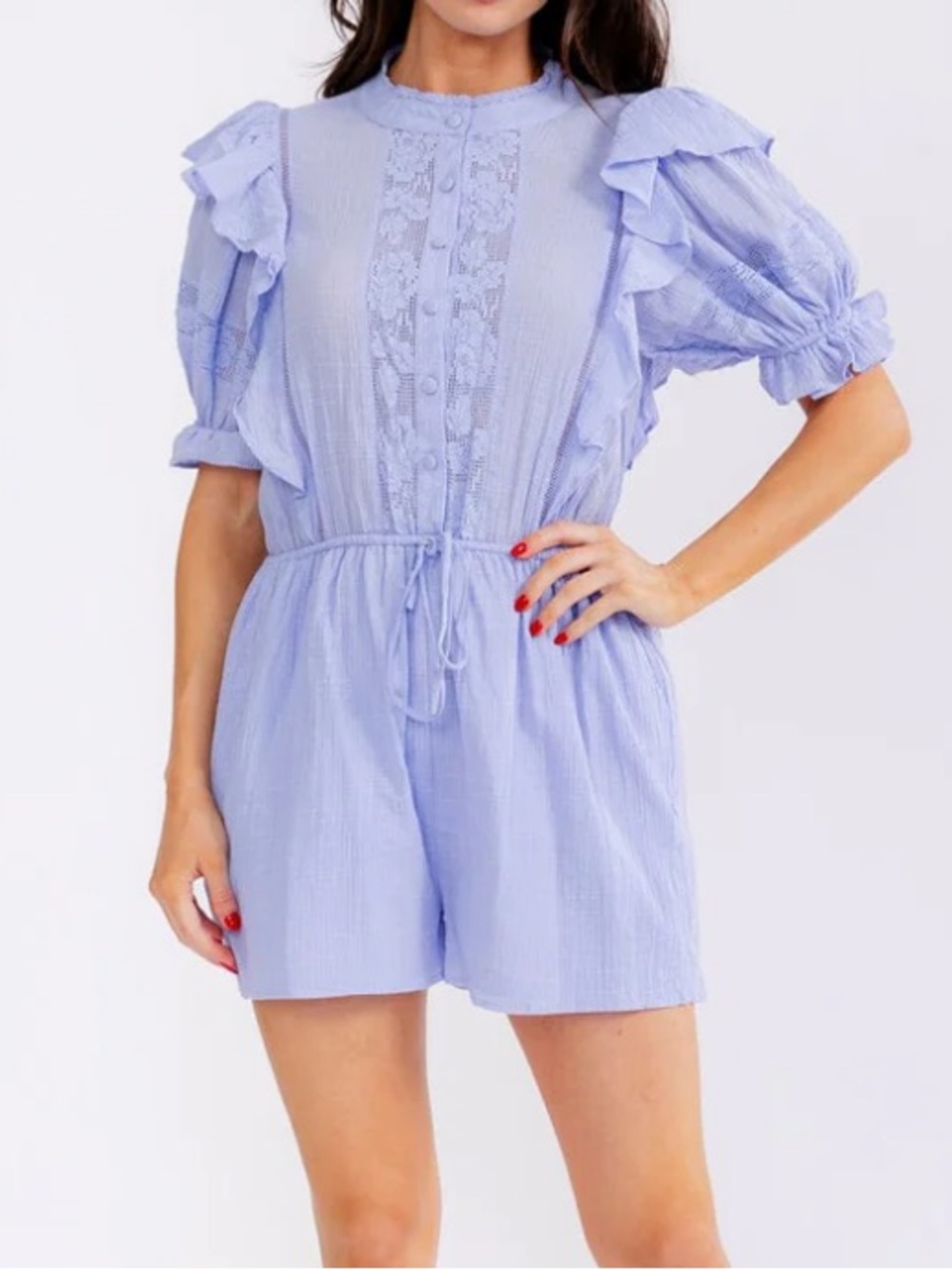 Boho NWT Women’s Coastal cutie  Light Blue Ruffle Sleeve Romper size S-M-L